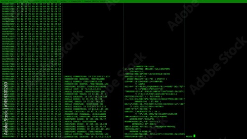 Wallpaper Mural Animated hacker terminal interface with multiple columns of scrolling green code, hex dumps, and system logs on a black background. Features blinking cursor and status bar. Torontodigital.ca