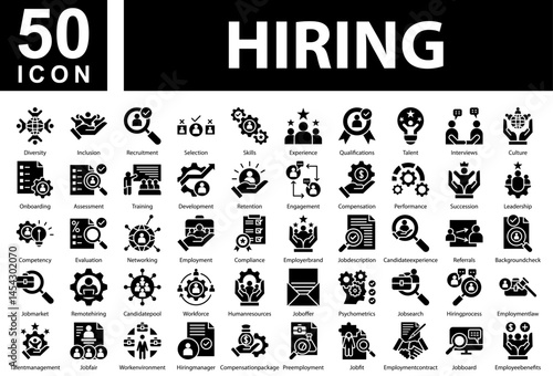 Hiring Icon Collection Set. Diversity,Inclusion,Recruitment,Selection,Skills,Experience,Qualifications,Talent,Interviews,Culture,Onboarding,Assessment,