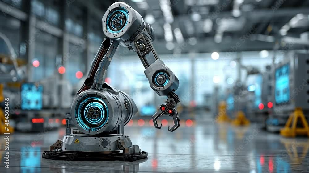 Robotic arm with futuristic design in a factory setting Robotic arm with futuristic design in a factory setting