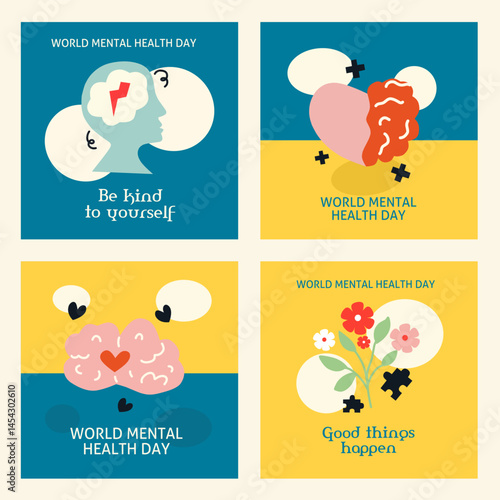 World Mental Health Day Background set. Mental Health care awareness concept on yellow and blue color. Vector illustration. Poster, Banner, Flyer, Template, Social Media Post. Mental wellness. October