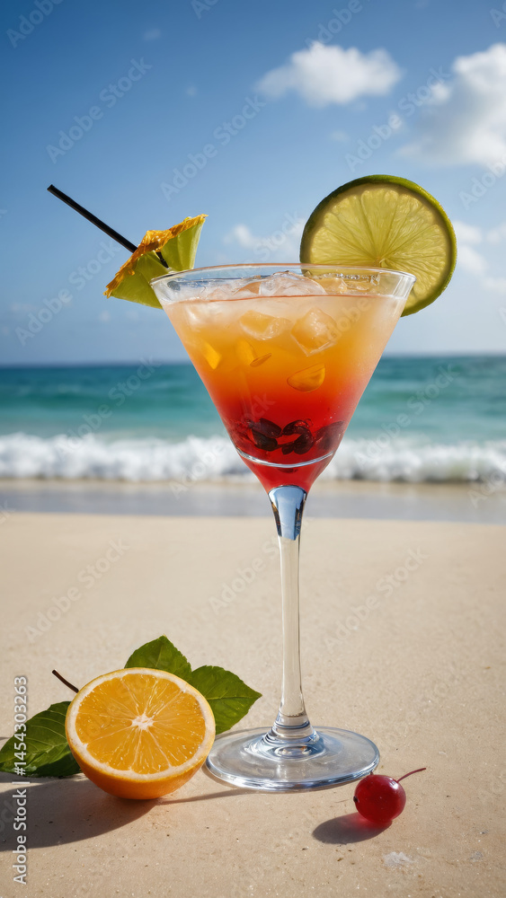 Obraz premium Beachside Cocktails Creative Glassware Vibrant Garnish Tropical Drinks Artistic Presentation Refreshing Summer Cocktails Colorful Fruit Exotic Beach Party Drinks