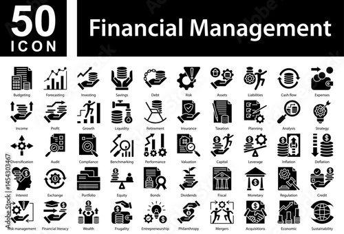 Financial Management Icon Collection Set. Budgeting,Forecasting,Investing,Savings,Debt,Risk,Assets,Liabilities,Cash flow,Expenses,Income,Profit, Icon Symple Glyph Vector