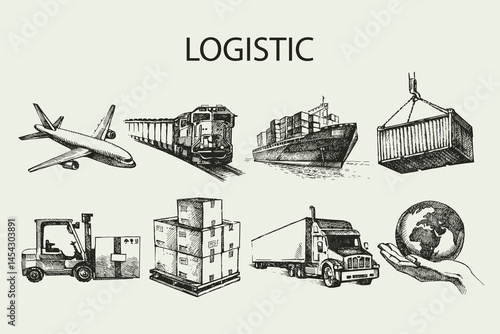 Hand drawn logistics and delivery sketch set. Vector illustration