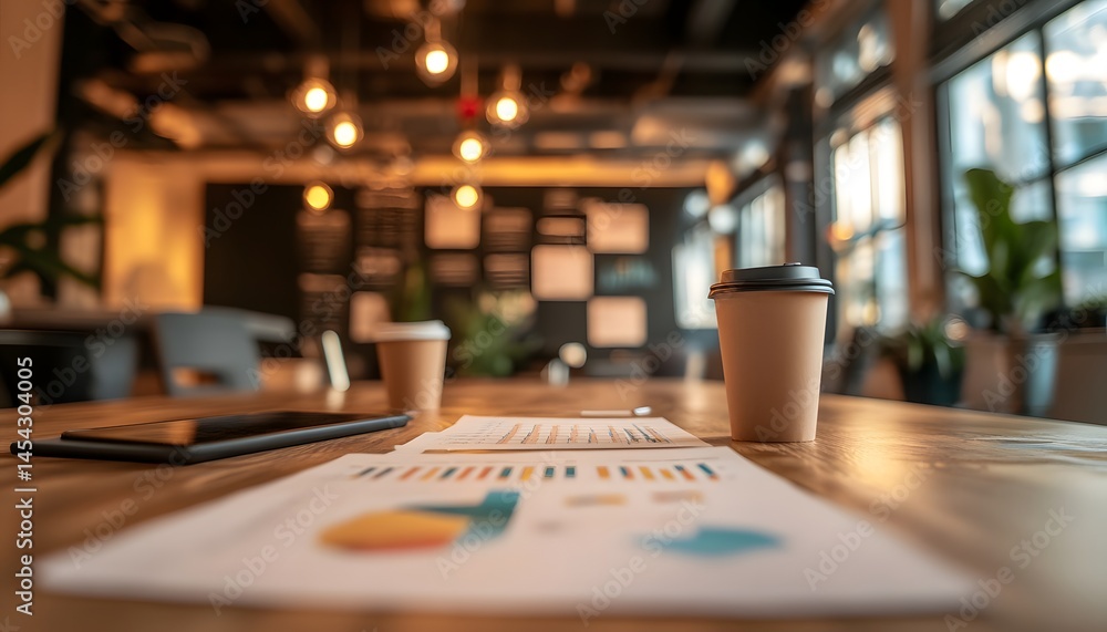 custom made wallpaper toronto digitalA stylish workspace featuring coffee cups and documents with charts, representing productivity and collaboration in a modern office environment. Ideal for showcasing office life.