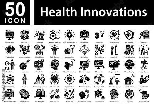Health Innovations Icon Collection Set. Telemedicine,Genomics,Robotics,Nanotechnology,ArtificialIntelligence,Bioprinting,Wearables,Regeneration,Vaccination,Diagnostics, Icon Symple Glyph Vector