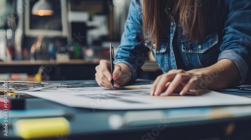 Expert graphic designer working with precision instruments inside a factory, realistic, no logos, stock photo style