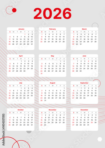 vertical calendar template 2026 with week start on sunday, european printable gray red calendar