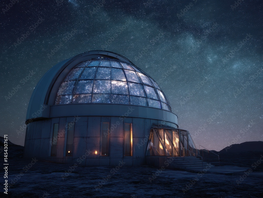 Fototapeta premium Nighttime observatory under the stars with a glass dome, inviting exploration of the universe and sparking astronomical wonder.
