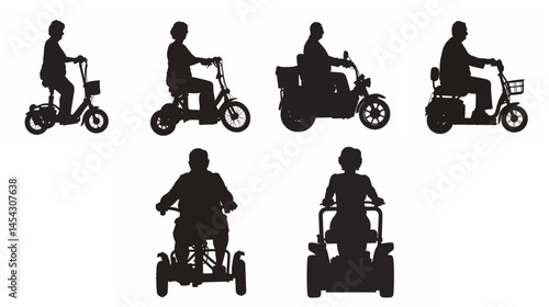 Silhouettes of senior man and woman riding electric trikes. Concept of transportation, three wheelers, 