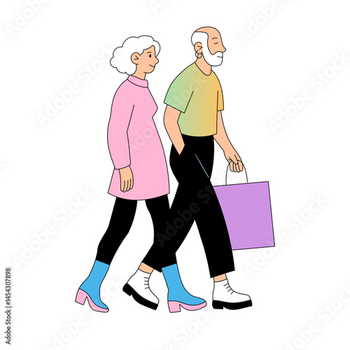 Stylish senior couple walking with shopping bag