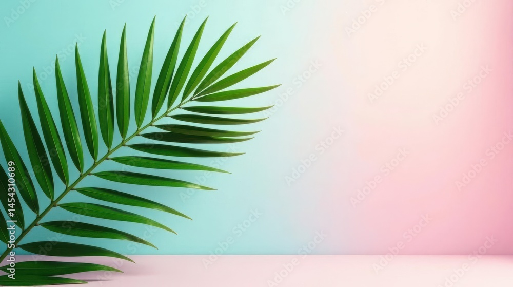 Fototapeta premium Vibrant Tropical Frond Against a Pastel Background, Ideal for Summer Designs and Tropical Themed Projects