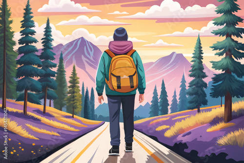 Solo traveler with backpack walking through forest trail vector, embracing outdoor adventure and nature exploration. Perfect for hiking, wilderness travel, and active lifestyle themes