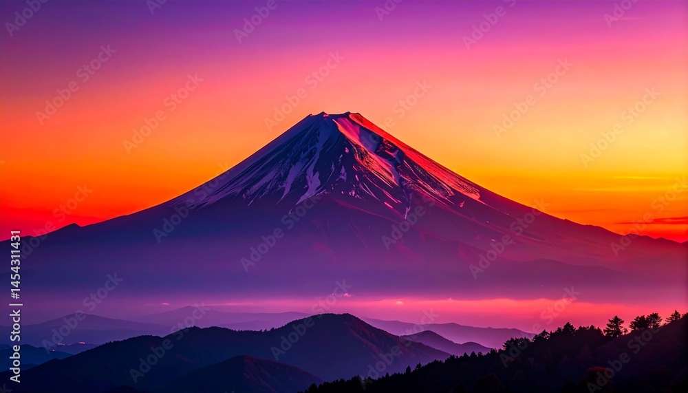 Fototapeta premium 幻想的な赤と紫の朝焼けのグラデーションの富士山