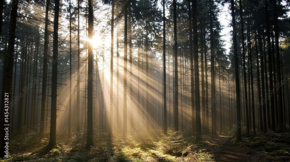 Naklejka premium Sunlight Filtering Through Dense Forest Trees Creating Ethereal Atmosphere and Warm Glow in Nature