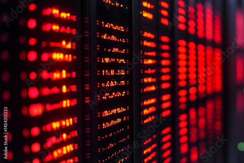 Servers filled with blinking red lights are positioned along a dark-lit wall