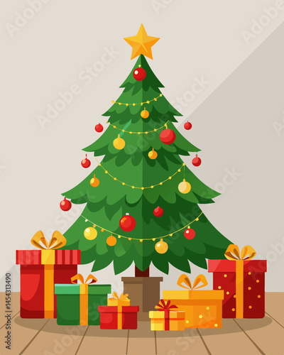 Decorated Christmas Tree with Colorful Presents Underneath