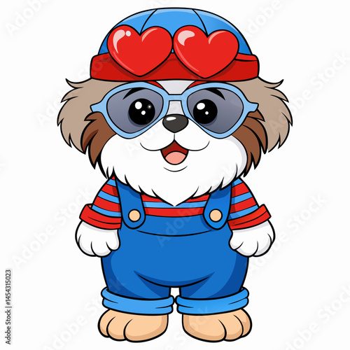 Adorable Cartoon Shih Tzu Dog Wearing Overalls and Sunglasses