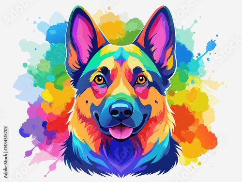 Vibrant Colorful German Shepherd Dog Portrait Watercolor Style