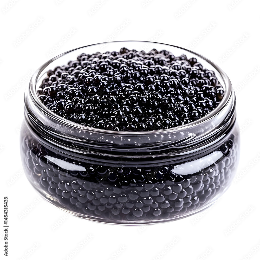 Closeup of black sturgeon caviar in a glass jar isolated on white background.