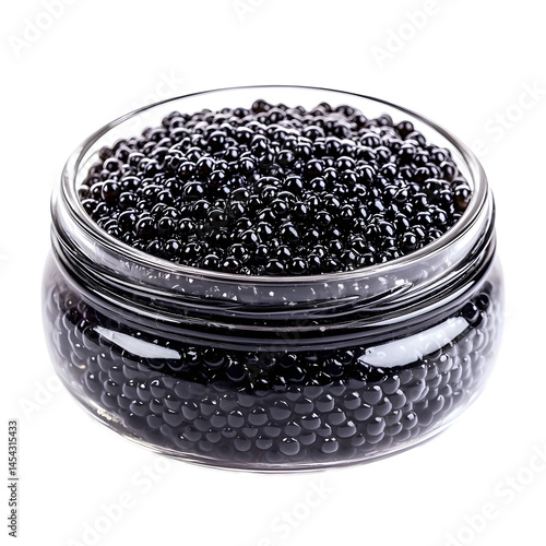 Obraz na płótnie Closeup of black sturgeon caviar in a glass jar isolated on white background.
w salonie