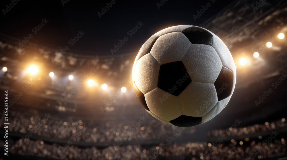 Naklejka premium A classic black and white soccer ball soars through the air in a packed stadium under the bright lights, creating a sense of excitement and anticipation.