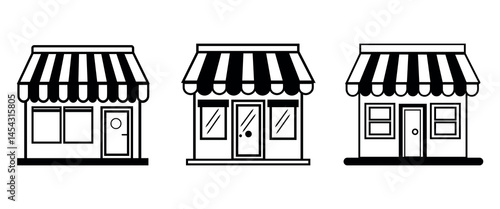 Set of storefront icons with awnings in black and white outline