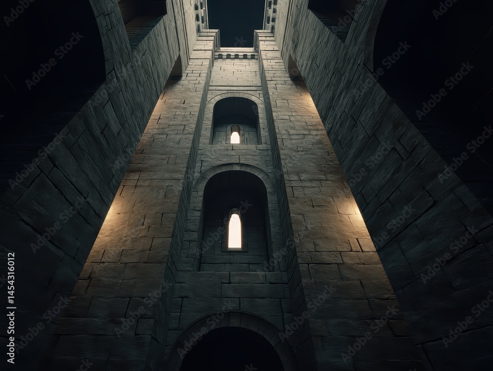 Fototapeta premium Towering stone structure with arched windows, reaching towards the sky, creating a sense of awe and architectural grandeur.