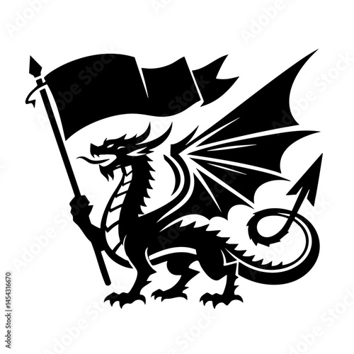 Majestic Black Dragon with Flag: Welsh Symbol of Power and Heritage