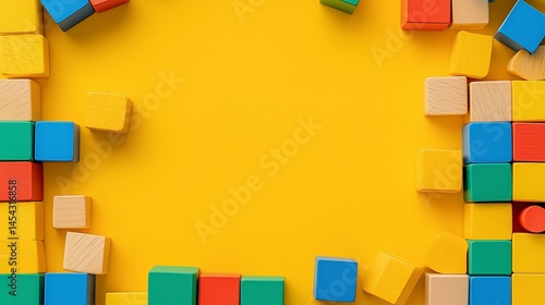 Colorful Blocks: A Playful Arrangement on a Vibrant Yellow Surface

