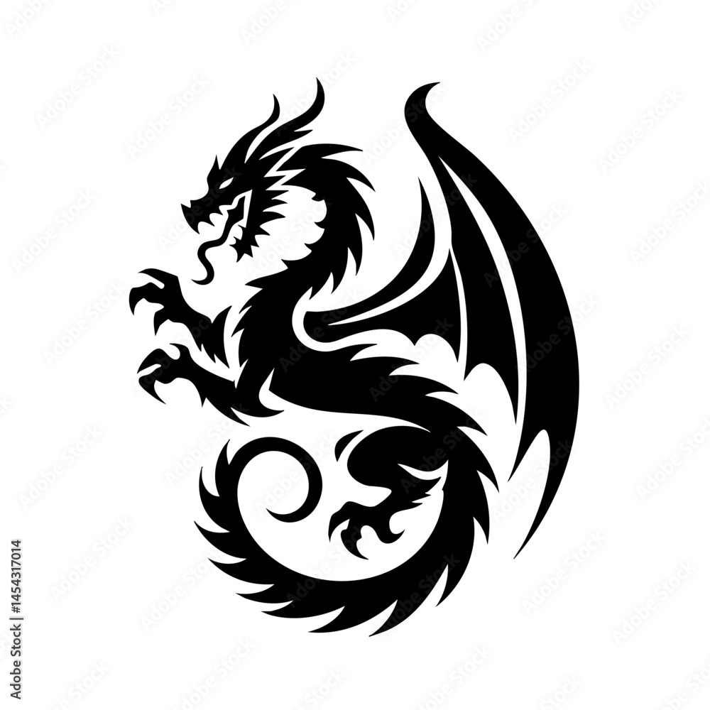 Naklejka premium Majestic Black Dragon: Mythical Creature, Tribal Tattoo Design