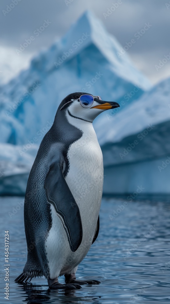 Fototapeta premium Penguin in sunglasses standing in icy water with iceberg and mountains