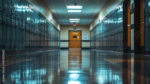 Empty school hallway reflects muted tones.