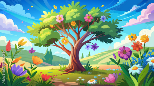 Vibrant wildflowers bloom around a solitary tree under soft spring sunlight