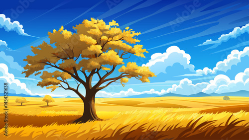 A solitary tree stands tall in the middle of a vast golden field under a blue sky