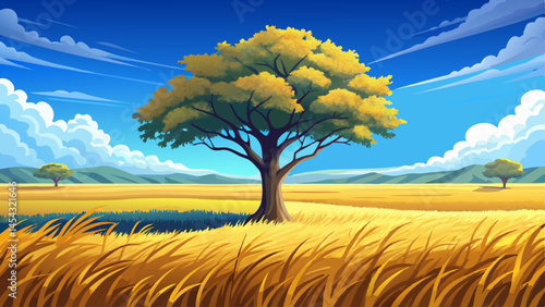A solitary tree stands tall in the middle of a vast golden field under a blue sky