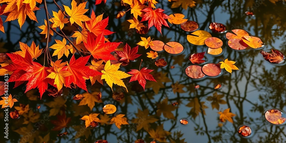 Vibrant autumn leaves mirrored in still, clear water, landscape, serene Vibrant autumn leaves mirrored in still, clear water, landscape, serene