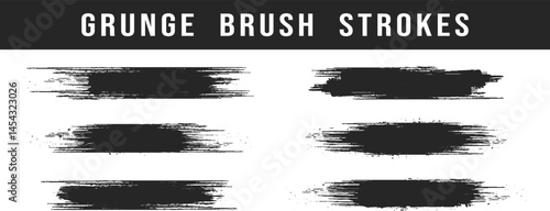 Six grunge brush strokes feature ragged edges displayed on a transparent background. Black brush marks. Hand drawn grunge texture