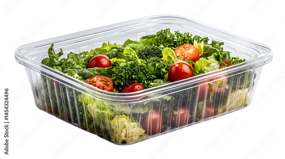 A plastic food container with a clear lid, filled with fresh salad, set on a white background, ideal for healthy meal packaging. A plastic food container with a clear lid, filled with fresh salad, set on a white background, ideal for healthy meal packaging.