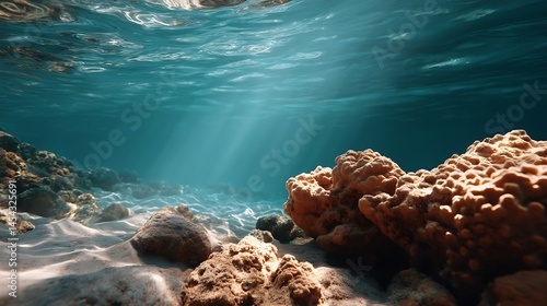 Underwater Scene with Sunlight, Coral and Rocky Seabed in a Clear Ocean Environment
