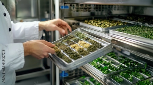 Chef handling dried herbs in industrial drying cabinet