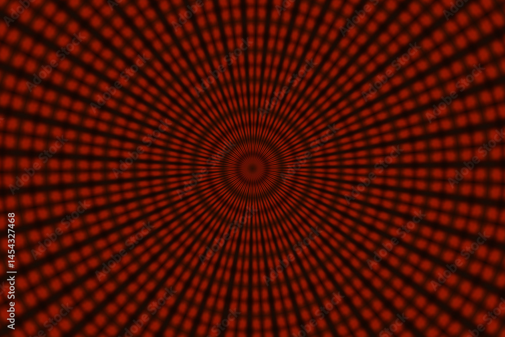 Naklejka premium Hipnotyzujący wzór koncentryczny z czerwonych kropek na czarnym tle, abstrakcyjna grafika z efektem głębi i iluzji optycznej.