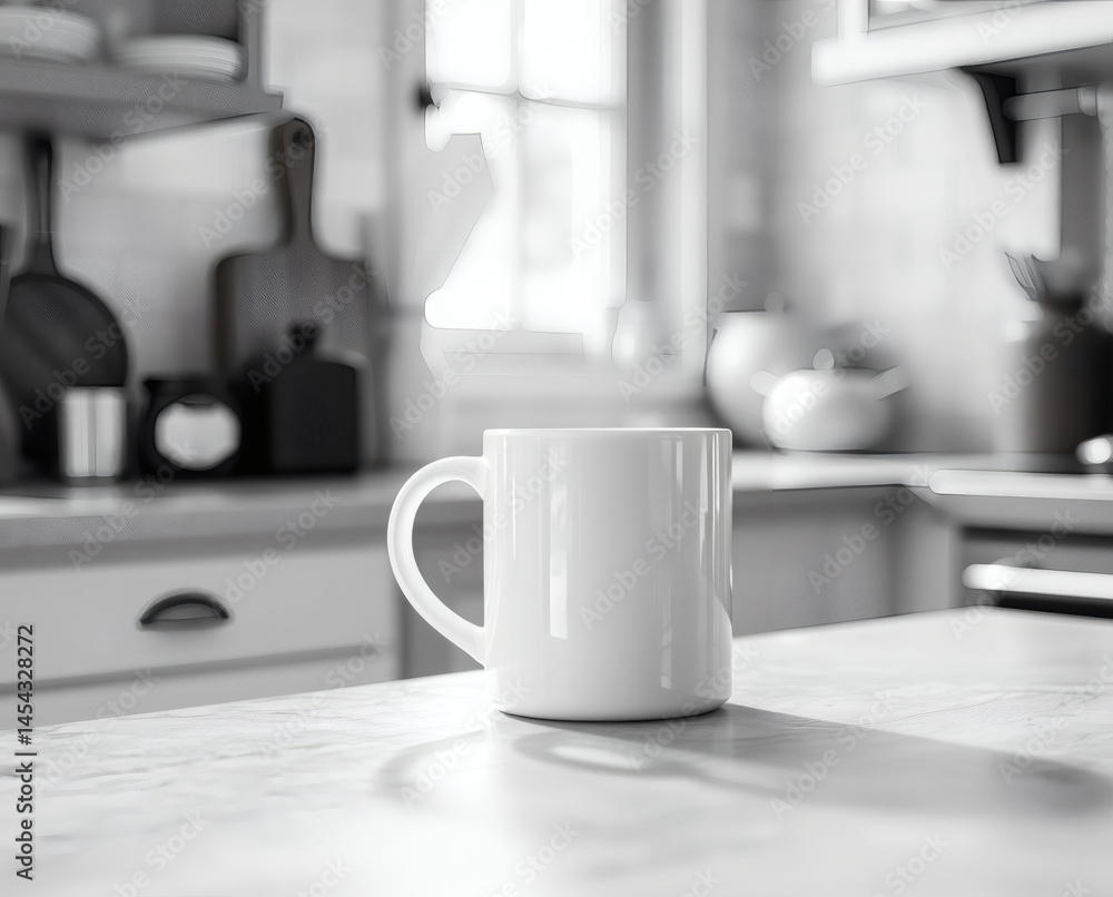 Morning light illuminates a simple white mug on a kitchen counter filled with warmth and tranquility Morning light illuminates a simple white mug on a kitchen counter filled with warmth and tranquility