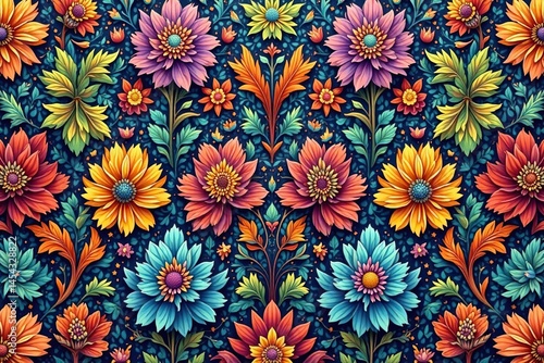 Intricate floral design with vibrant colors, seamlessly tiled for endless repeat , vibrant, seamless