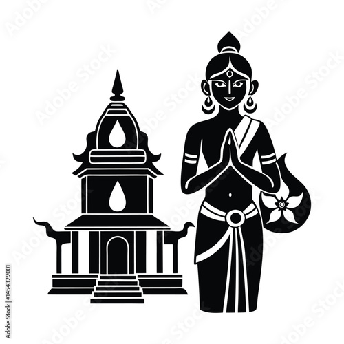 Silhouette of Hindu devotee praying near temple with Om symbol in spiritual vector art