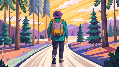 Solo traveler with backpack walking through forest trail vector, embracing outdoor adventure and nature exploration. Perfect for hiking, wilderness travel, and active lifestyle themes