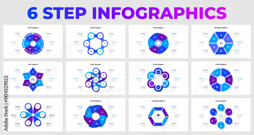 Set of 6 step infographic templates in various shapes, including circles and hexagons. Elegant blue and purple themes suitable for presentations, business data, and workflow illustrations