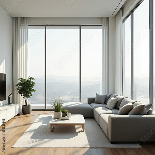Modern Apartment with Panoramic Windows and Minimalist Design, Generate AI