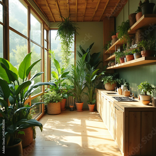 Eco-Friendly Apartment with Green Plants and Wooden Elements, Generate AI