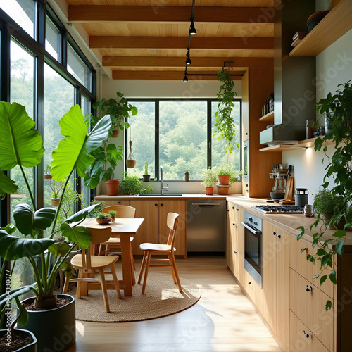 Eco-Friendly Apartment with Green Plants and Wooden Elements, Generate AI