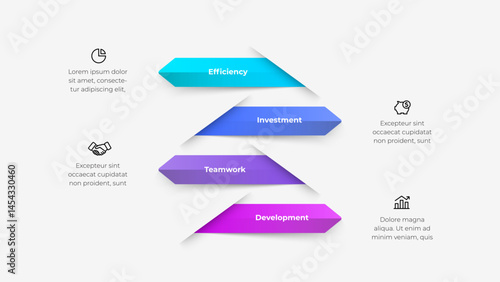 Colorful Infographic Design Representing Efficiency, Investment, Teamwork, and Development Values